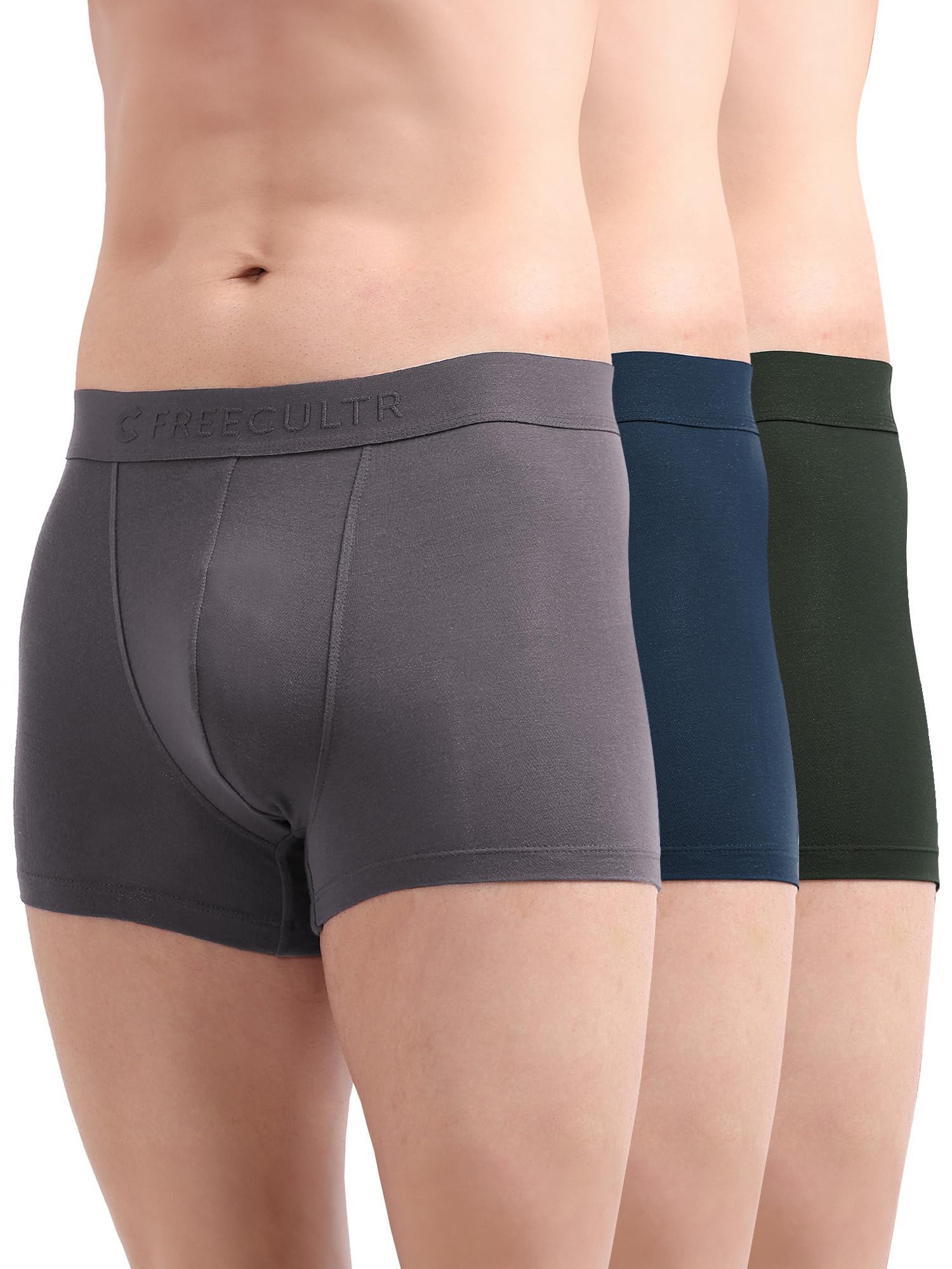 FREECULTR Men's Underwear Anti Bacterial Micromodal Airsoft Trunk - Non Itch No Chaffing Sweat Proof -  Pack of 3-Space Blue,Mist Grey,Avocado Green