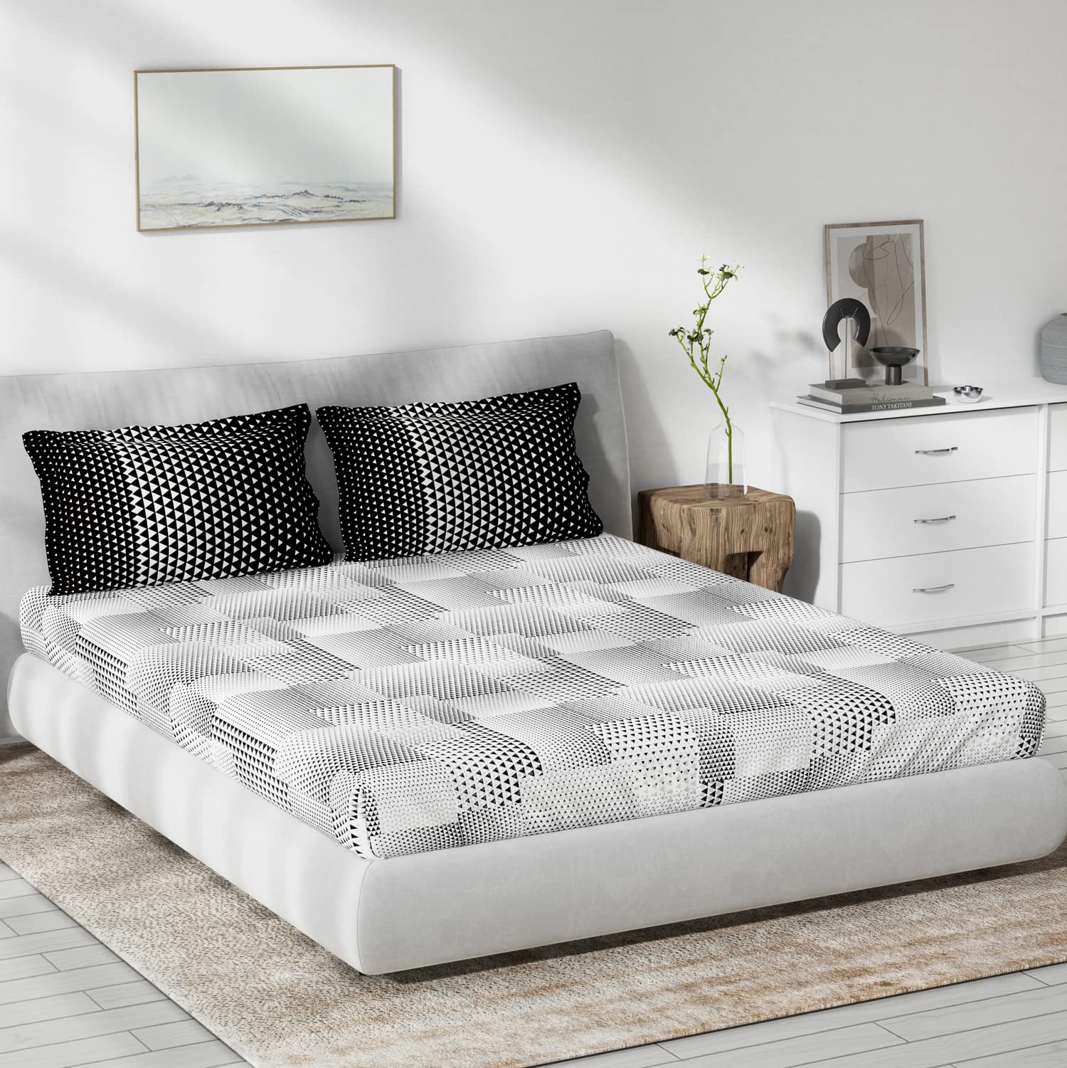 DDECOR - Prime Collection 100% Cotton Geometric Pattern 136TC King Fitted Sheet|180 CM X 198 CM| - Grey