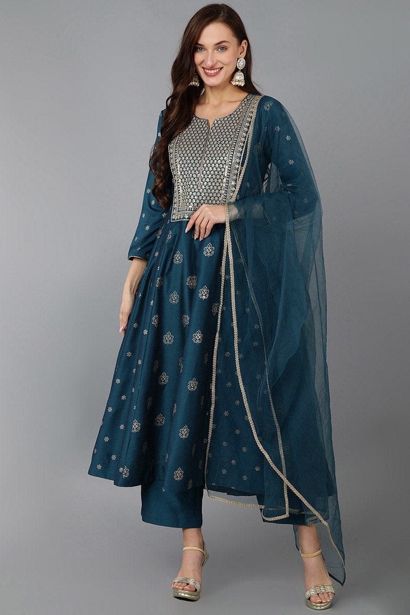 Teal Silk Blend Woven Design Anarkali Suit Set PKSKD1711