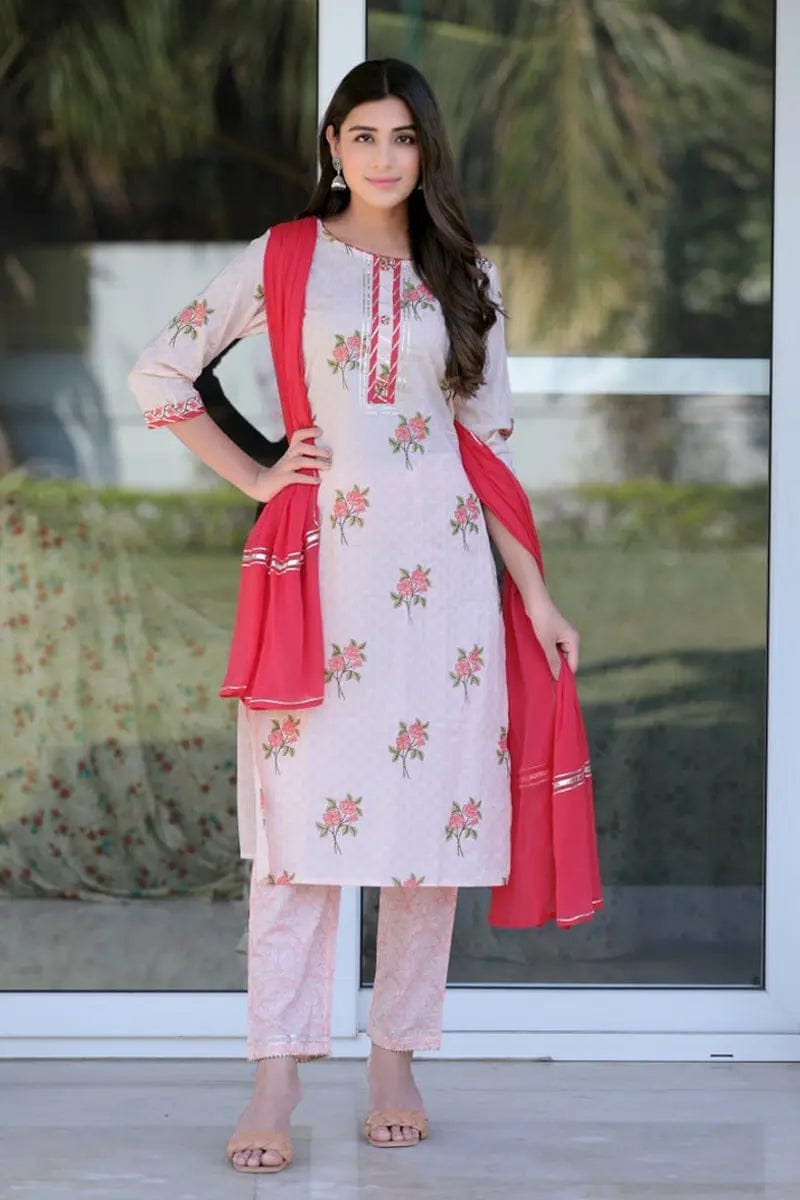 Off White Cotton Straight Suit Set VKSKD1021