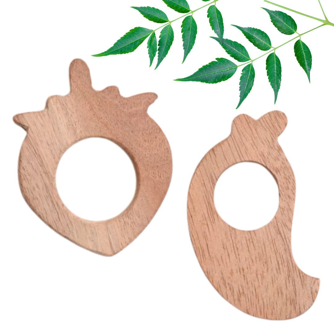 TOYJOS Natural Neem Wood Fruit Shape Baby Teether | 6-12 Months Infant Toddler Teething Aid | Easy-to-Hold, Eco-Friendly, Antibacterial BIS Certified Chew Toy for Birthday, Baby Shower Gift (Set of