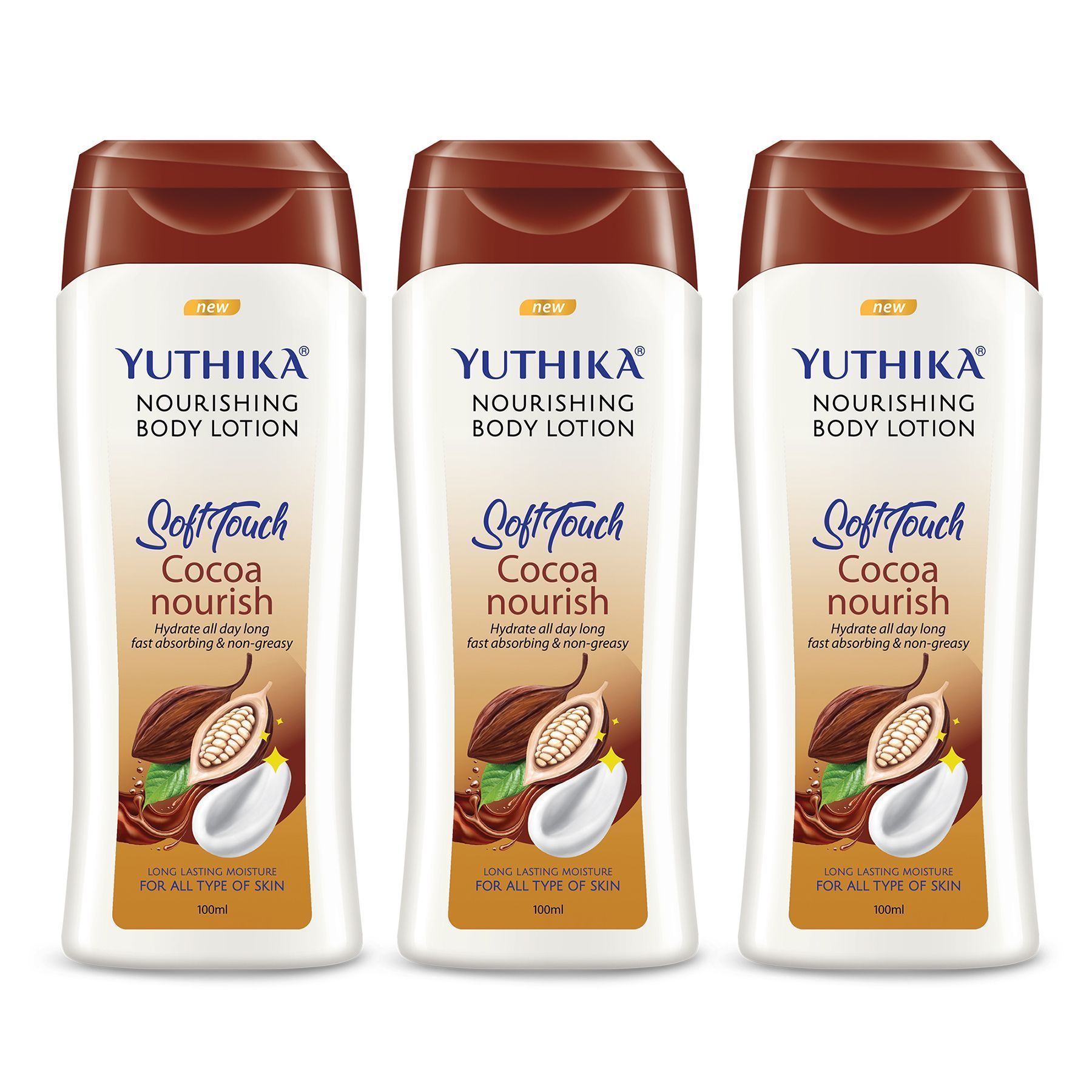 Yuthika Cocoa Nourish Body Lotion 100ml Pack of 3 Soft Touch Cocoa Body Lotion for Long Lasting Moisture & Soothing Skin