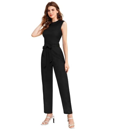 Women's Knitting Stretchable Solid Round Neck Sleeveless Jumpsuit (Black, S)-PID56796