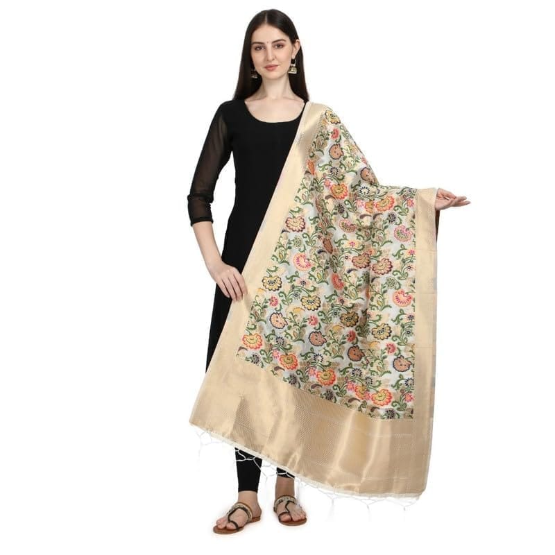 Women's Silk Pure Zari weaving Duppatta (White, Leangth: 2-2.3 Mtrs)-PID44937