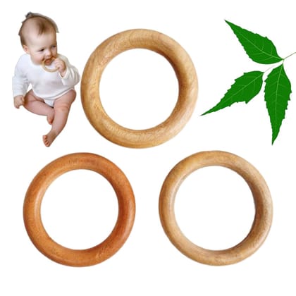Natural Neem Wooden Teething Ring for Babies, 3 Pack, Organic Materials
