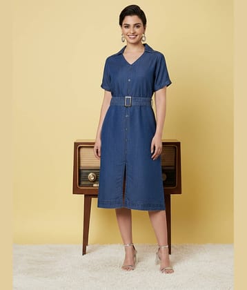 Pannkh Women Denim Solid A-line Dress ( Blue )