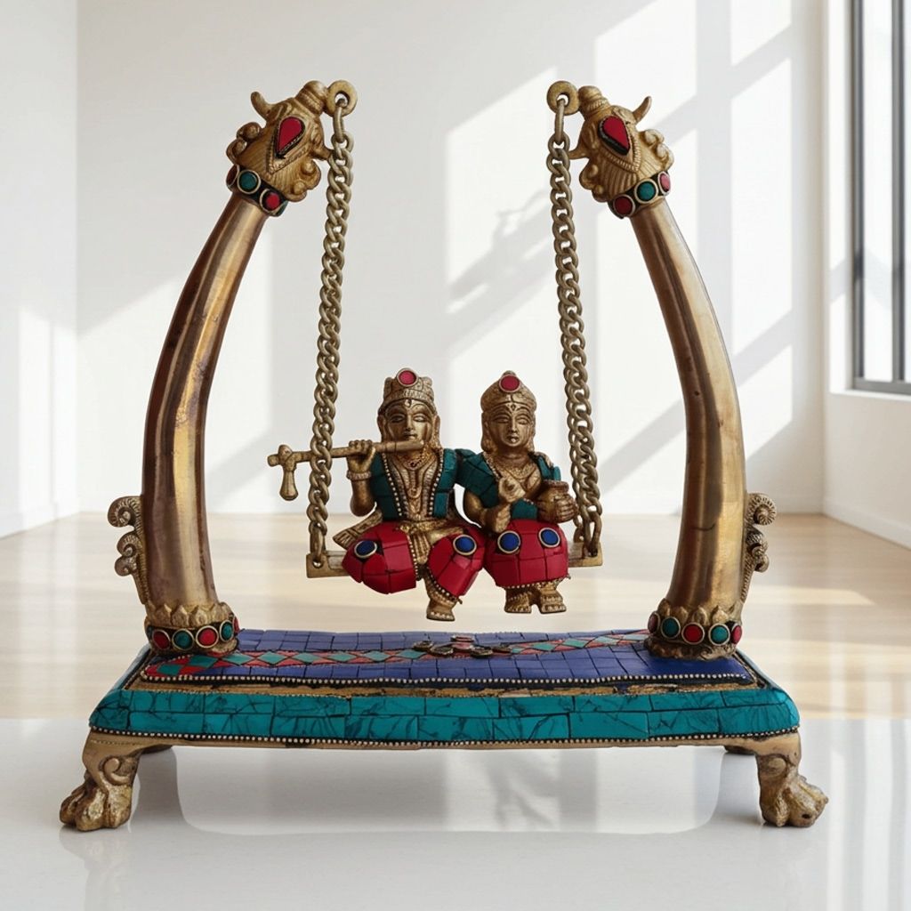 Brass Radha Krishna Jhula Idol - Stone Finish God Statue, Height : 11 Inch (BSMAS178)