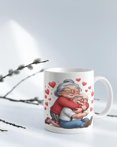 The Magical Gifts Cute Grandparents Hugging Ceramic Coffee Mug Gift for Grandma Grandpa Anniversary Birthday Retirement Home Decor Tea Cup for Elderly Couple Use
