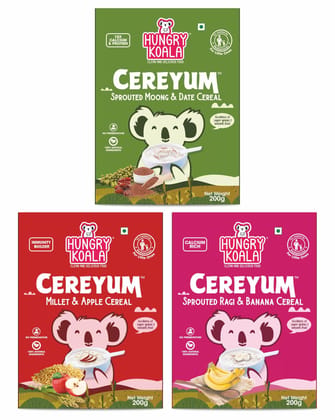 HUNGRY KOALA Cereal Made With Natural Ingridients Millet Apple Ragi Banana Sprouted Moong & Dates For Kids To Grow Healthy No Preservative Or Additives Or Maida 200 Grams Pack Of 3