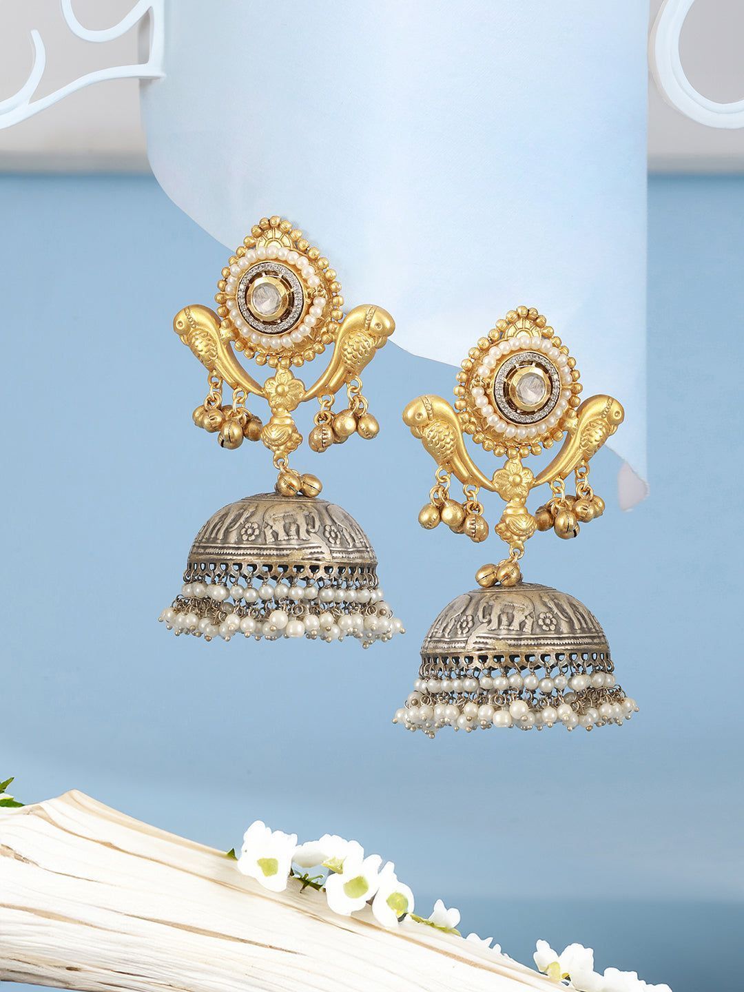 Dual Toned Pearl Beaded Bird Motif Dome Shaped Contemporary Jhumka earrings