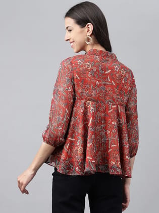 Rust Chiffon Lurex Digital Printed Flared Top Rust Chiffon Lurex Digital Printed Flared Top