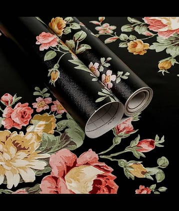 KRAMOX Black Floral Peel and Stick Wallpaper Decorative PVC Furniture Renovation Cabinet Flower Drawer Shelving Paper Vintage Decor Shelf Liner Self Adhesive Removable Waterproof Easy to Use