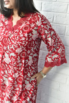 Red Bagiya Hand Block Handblock Cotton Kurta set