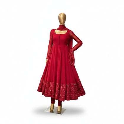 Women's Red Embroidered Anarkali Suit Set