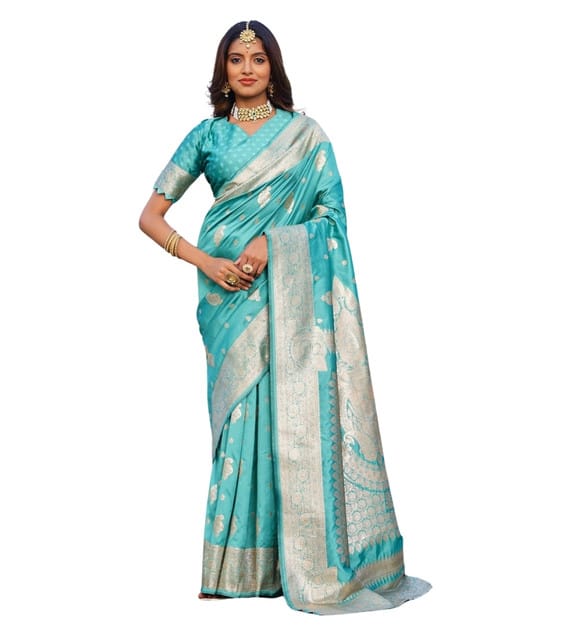 Generic Women's Jacquard Printed Saree with Unstitched Blouse Piece, Soft Lightweight 5.5 m Sari for Daily, Office and Wear (Skyblue, Design 67662)