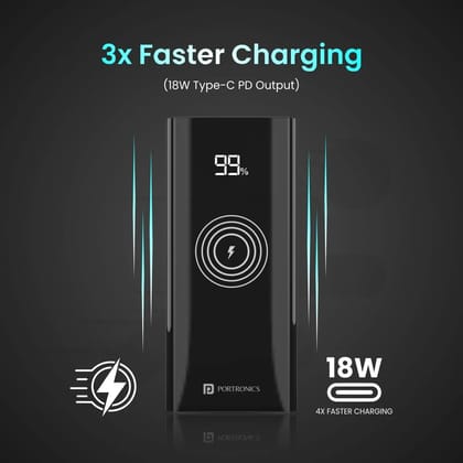 Portronics Power 10 10000mAh 18W PD Fast Charging Wireless Power Bank | 10W Magnetic Wireless Charging | Li-Polymer Battery | Type-C Power Delivery (1 Input, 3 Outputs)  | Portable Charger (Random Color)
