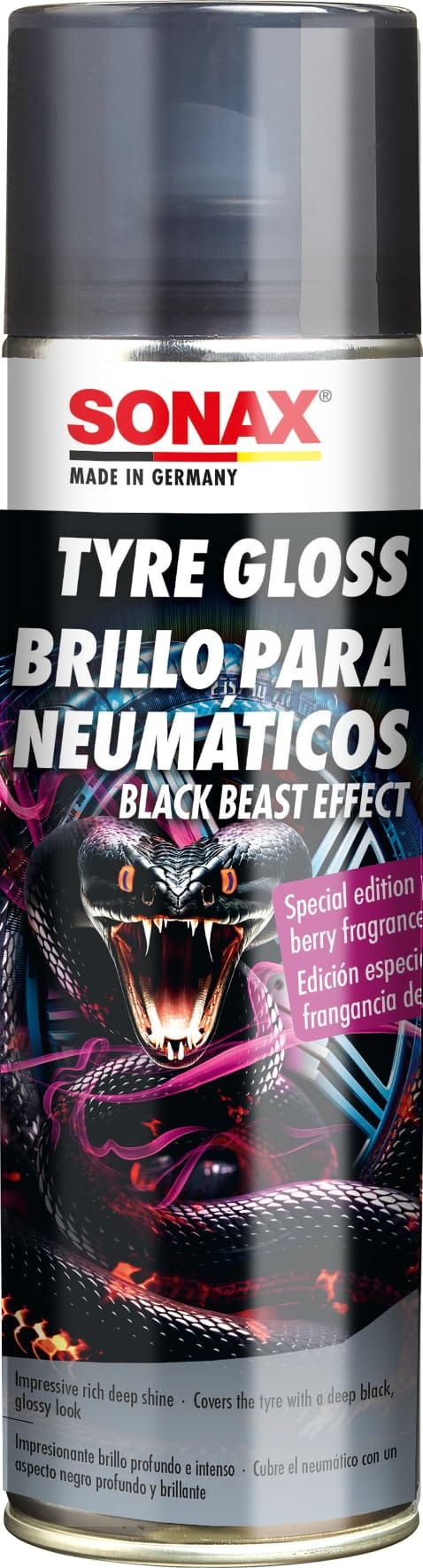 SONAX Tyre Gloss Spray Black Beast Effect 500ml | Deep Black Glossy Finish | Long-Lasting Shine | Protection from Cracking, Fading & Aging | Easy to Use Spray-On Application | Fruity Berry Scent
