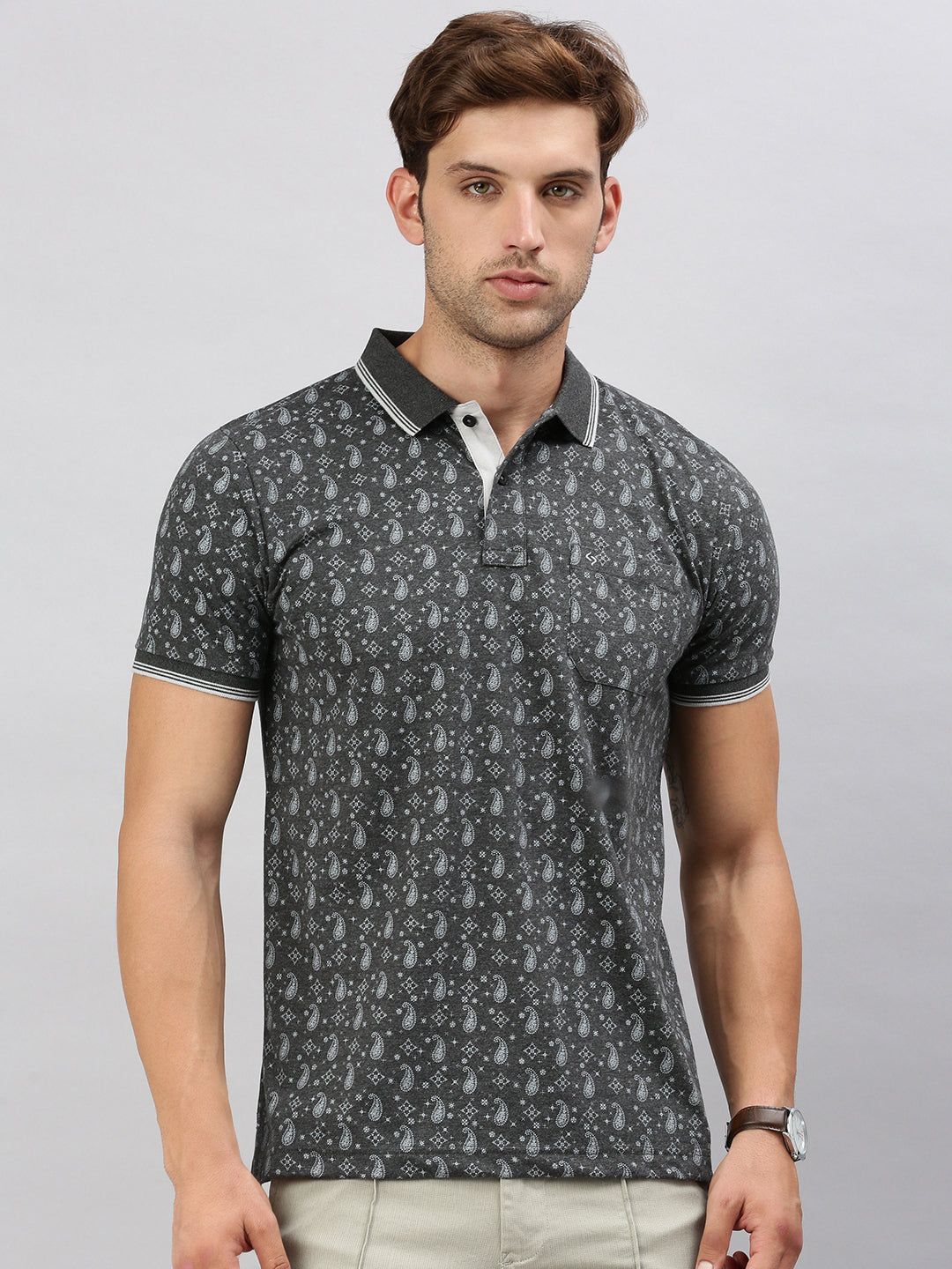 Classic Polo Men's Half Sleeve Charcoal Black/White Polo Neck Cotton Slim Fit T Shirt | BELLO - 292 B SF P