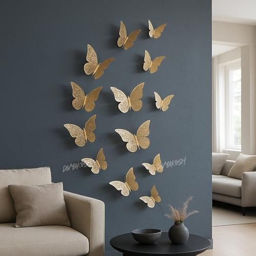 Decor Butterfly (3D) with Sticking Pad (Shimmer Golden); Butterfly Stickers for Wall Decoration,Congealed Paper