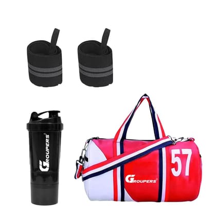 GROUPERS Duffle PU Leather Bag with Wrist BandlGym Bags(5N-SPD-WB-57-RDWHT) GROUPERS Duffle PU Leather Bag with Wrist BandlGym Bags(5N-SPD-WB-57-RDWHT)