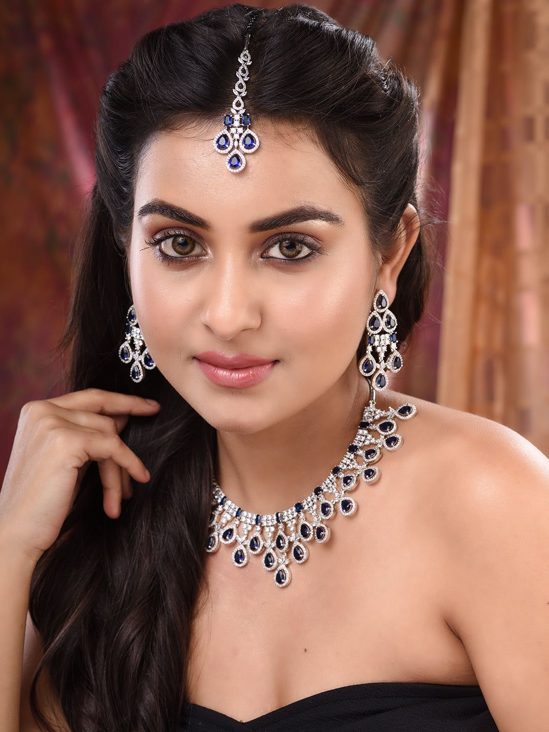 Silver plated Blue AD Studded statement Necklace Jewellery Set Mangtika