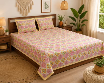 DHRUVINSRI King Size Bamboo Cotton Bedsheet Yellow Phulkari 108x108 DHRUVINSRI King Size Bamboo Cotton Bedsheet Yellow Phulkari 108x108