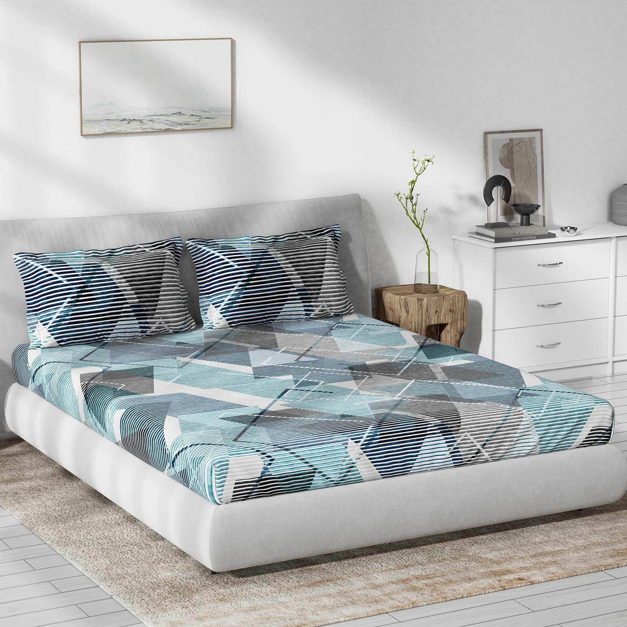 DDECOR - Primary Collection 100% Cotton Abstract Pattern 136TC King Bedsheet |229 CM X 274 CM| Blue