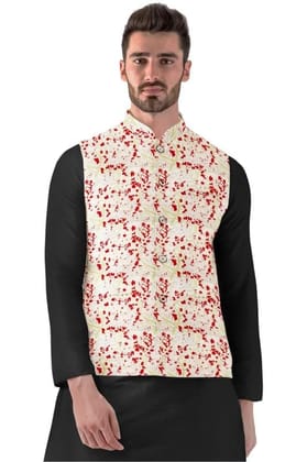 Men's Jacquard Printed Full Sleeve Waistcoat (Red-Beige, 40)-PID53479