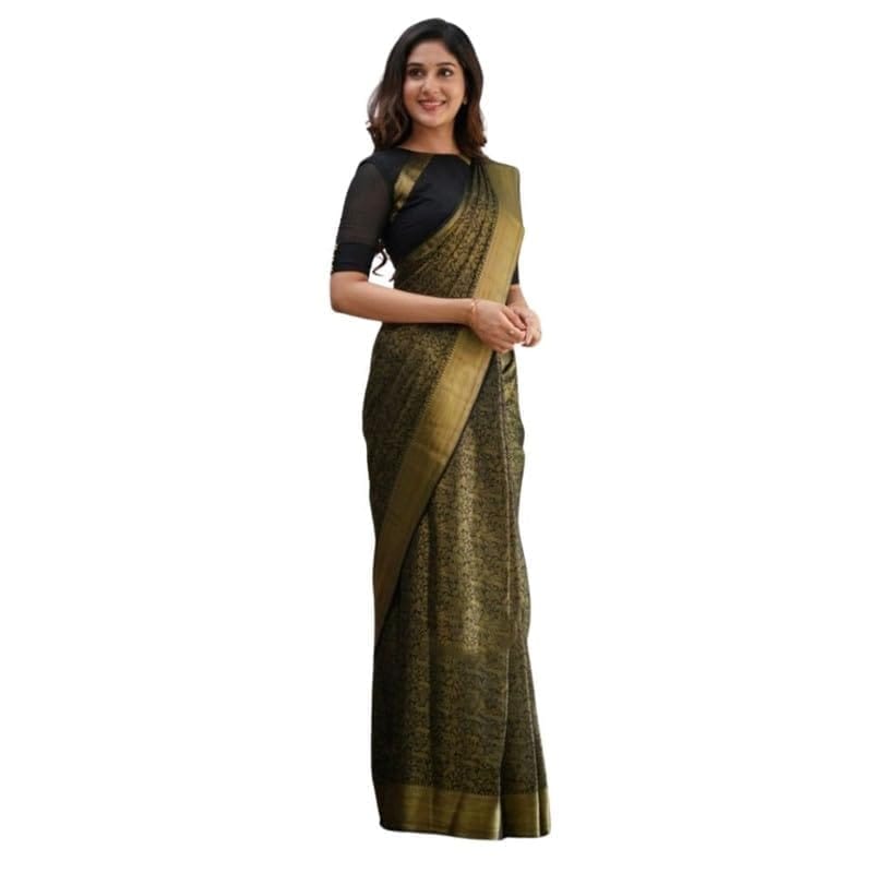 Women's Silk Printed Saree With Unstitched Blouse 5.5Mtr (Black)-PID60220