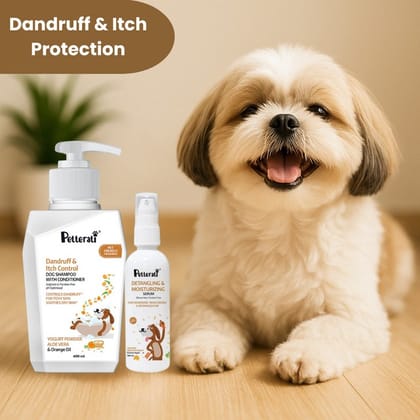 Petterati Anti Dandruff Dog Shampoo with Conditioner & Detangling Dog Hair Serum Combo for Healthy, Itch-Free & Shiny Coat (400ml + 100ml)