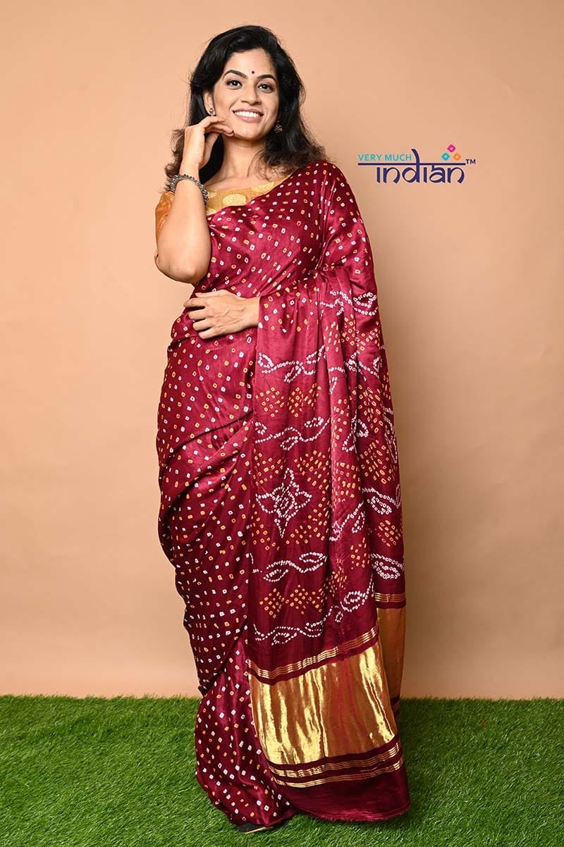 Pure Gajji Silk Handmade Wine colour &amp; Gold Bandhani Weave