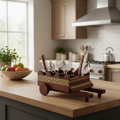 Wooden Spoon Cutlery Brown Brass Fitting Cart Shape Rack Stand