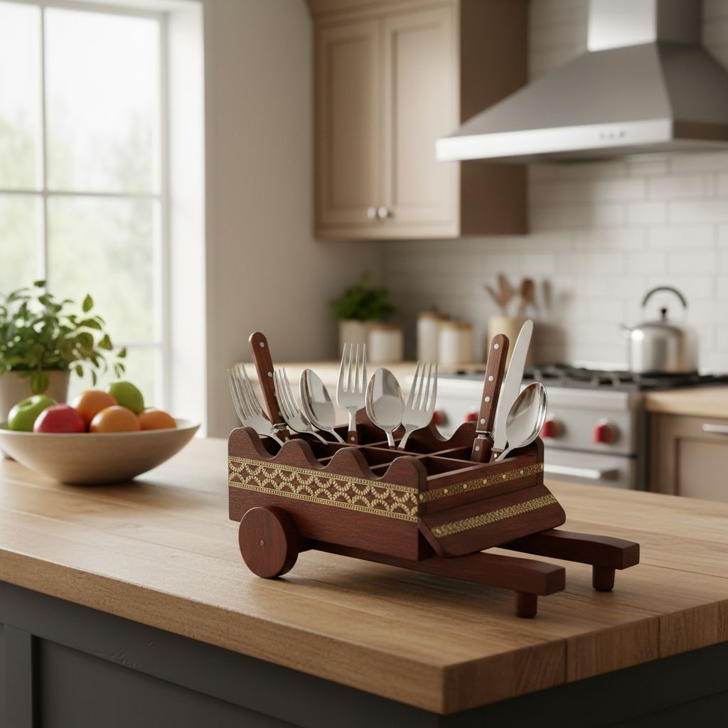 Wooden Spoon Cutlery Brown Brass Fitting Cart Shape Rack Stand