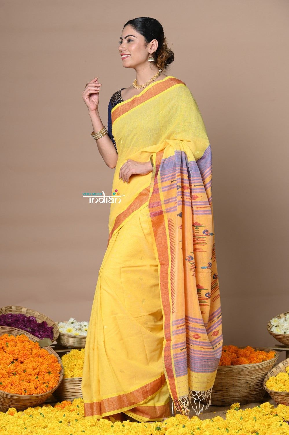 Rajsi~ Handloom Pure Cotton Paithani Without Zari and Most Traditional Pallu~ Yellow