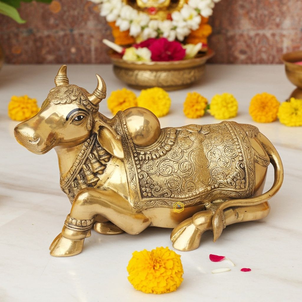 Brass Showpiece Nandi God Idol Statue - Traditional Pooja Statue, Height : 14 Inch (BSMAS1382 D)