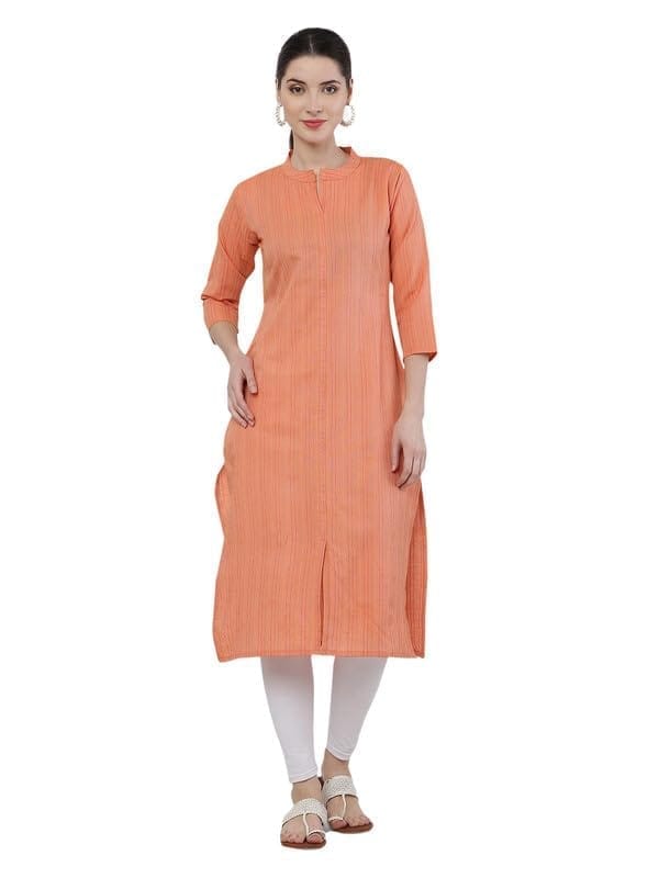 Women's Casual 3/4th Sleeve Strip Viving Cotton Kurti (Orange, M)-PID46145