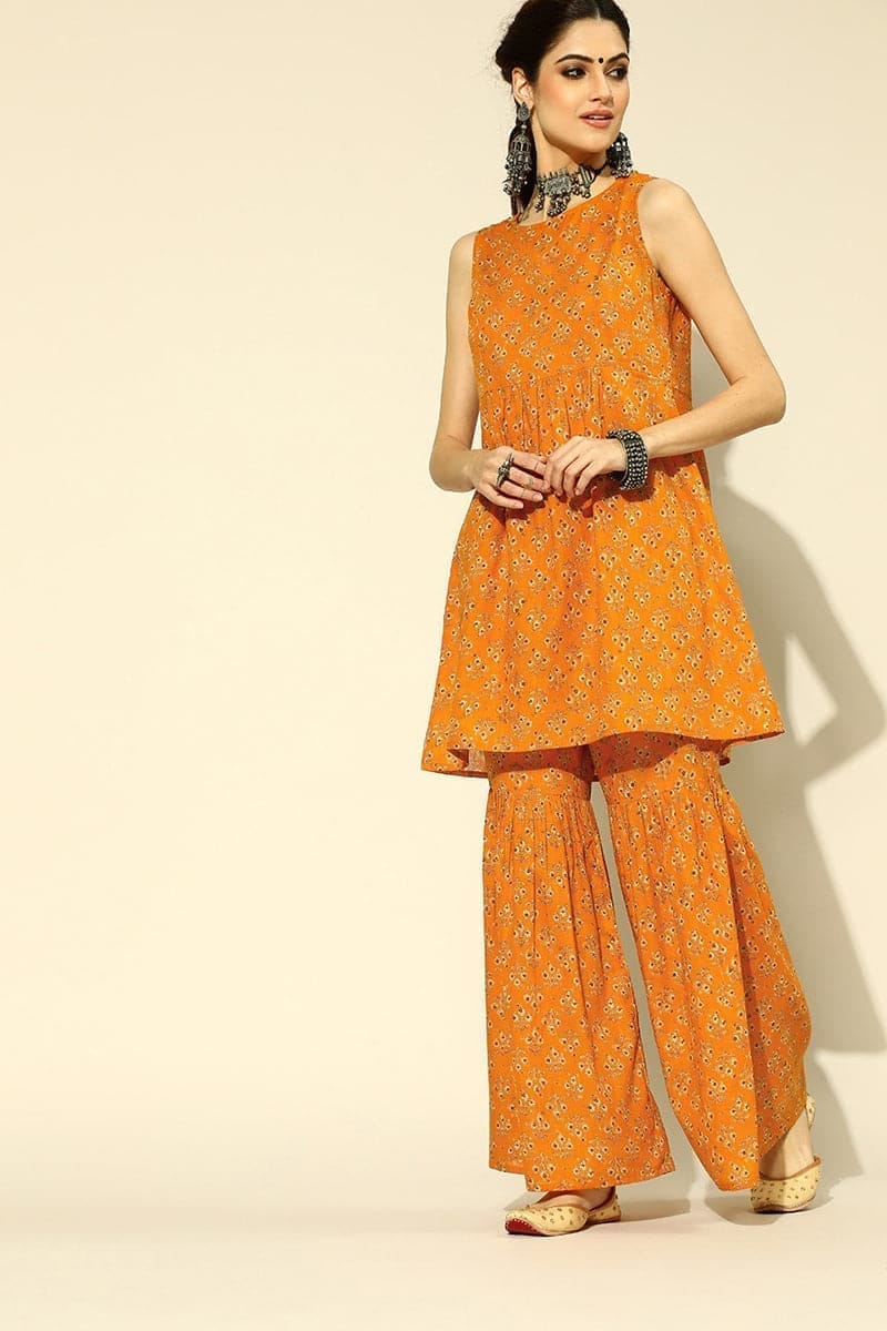 Mustard Pure Cotton Sleeveless Sharara Set VCORD1004