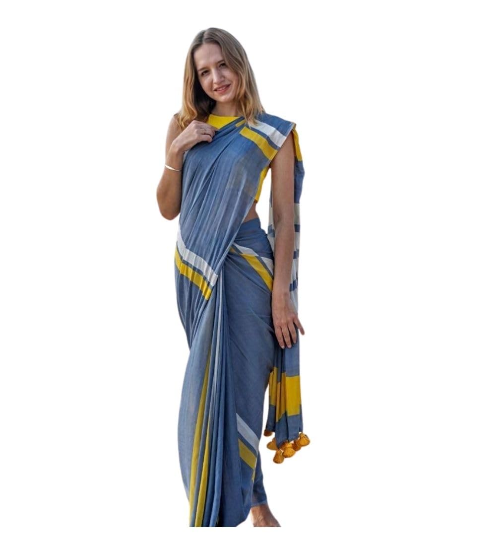 DARSHANS Women's Linen Printed Saree With Unstitched Blouse 5.5Mtr (Blue)-PID65198