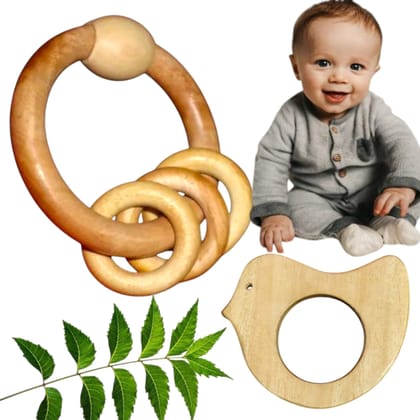 Natural Wooden Baby Teething Ring Set, Eco-Safe Rattle and Bird-Shaped Teether for Infants