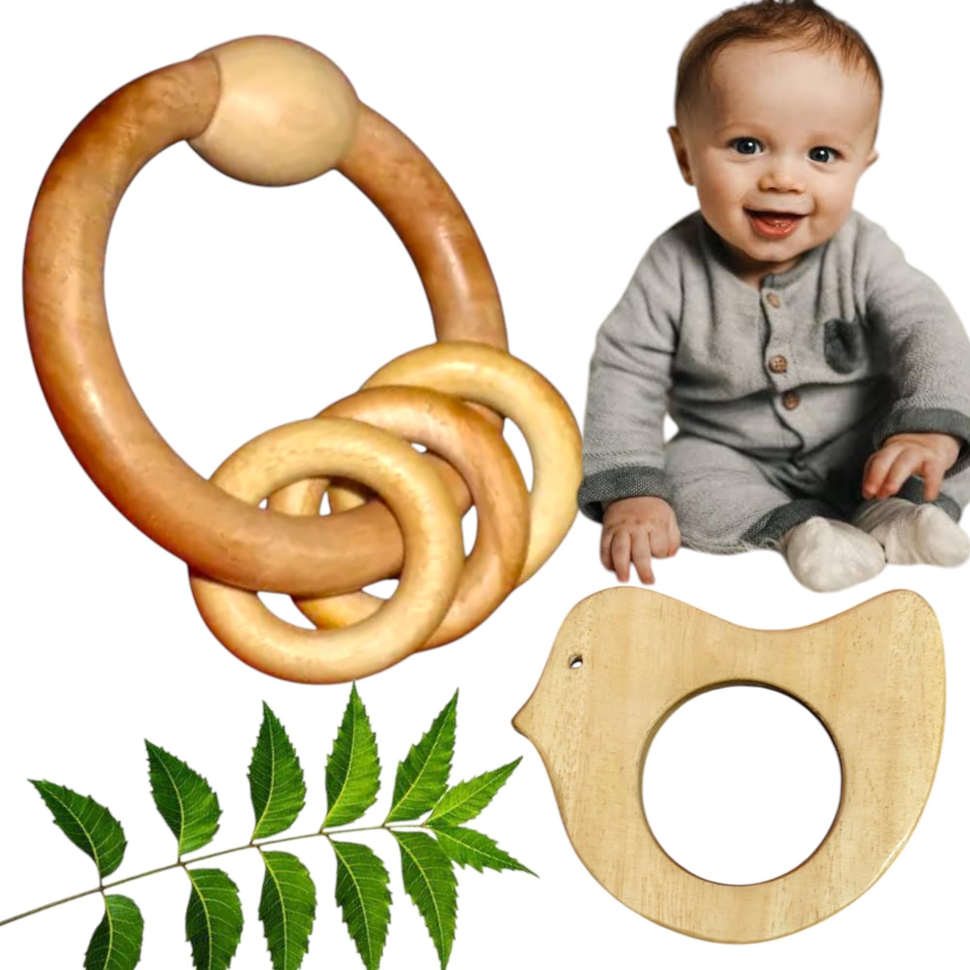 Natural Wooden Baby Teething Ring Set, Eco-Safe Rattle and Bird-Shaped Teether for Infants
