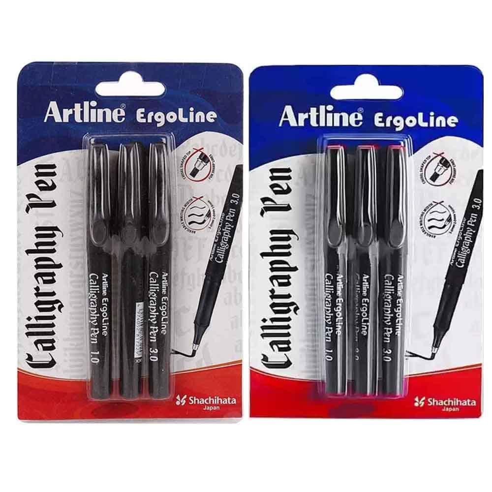 Artline Calligraphy Pens Set of 3 in Black and Red - Ergonomic Triangular Grip - Water-Based Ink - No Bleed - Perfect for Sketching, Lettering, and More