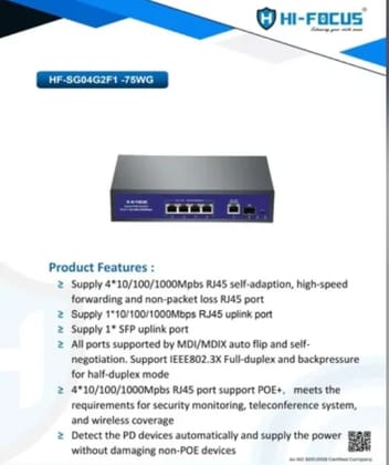 Hi-Focus HF-SG04G2F1-75WG 4 Port PoE Switch Hi-Focus HF-SG04G2F1-75WG 4 Port PoE Switch