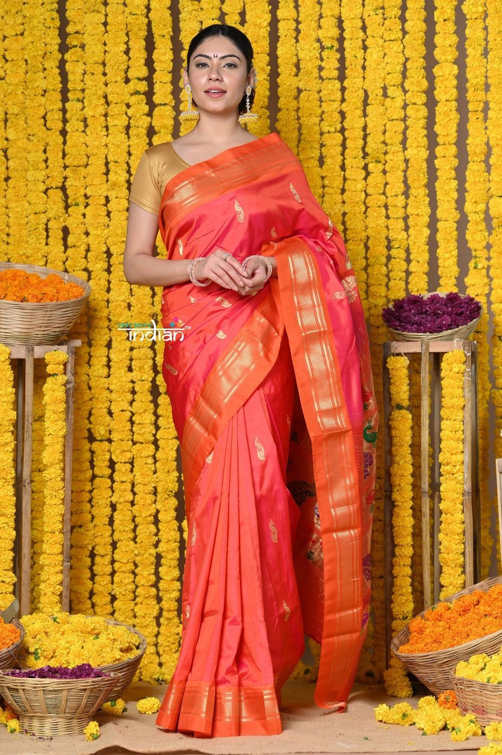 Rajsi~ Handloom Pure Silk Paithani Saree with Peacock Buttis and Handcrafted Peacock Pallu in Peach (By Govt Certified Weavers)