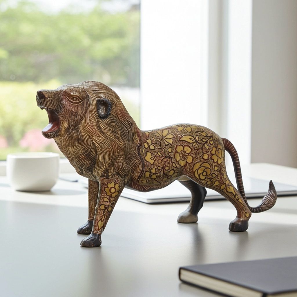 Brass Small Lion Showpiece Statue � Handcrafted Brass Lion Idol for Home & Office Decor, Height : 12 Inch (ANMAS010 A)
