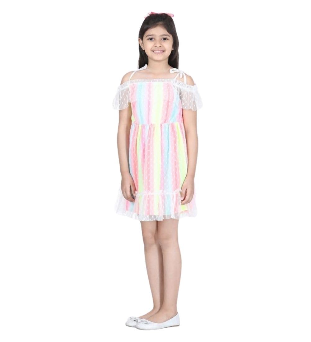 Girl's Polyester Self Design Cold Shoulder Dress (Multicolor, 6-7-Yrs)-PID66032