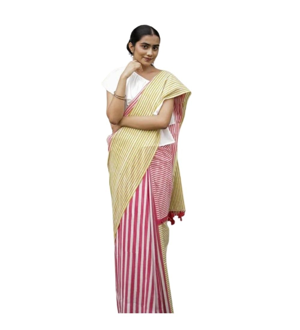 DARSHANS Women's Linen Printed Saree With Unstitched Blouse 5.5Mtr (Yellow)-PID65208