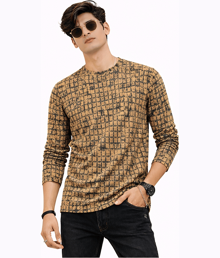 DELTIN HUB Men Cotton Blend Regular Fit Printed T-Shirt ( Beige )
