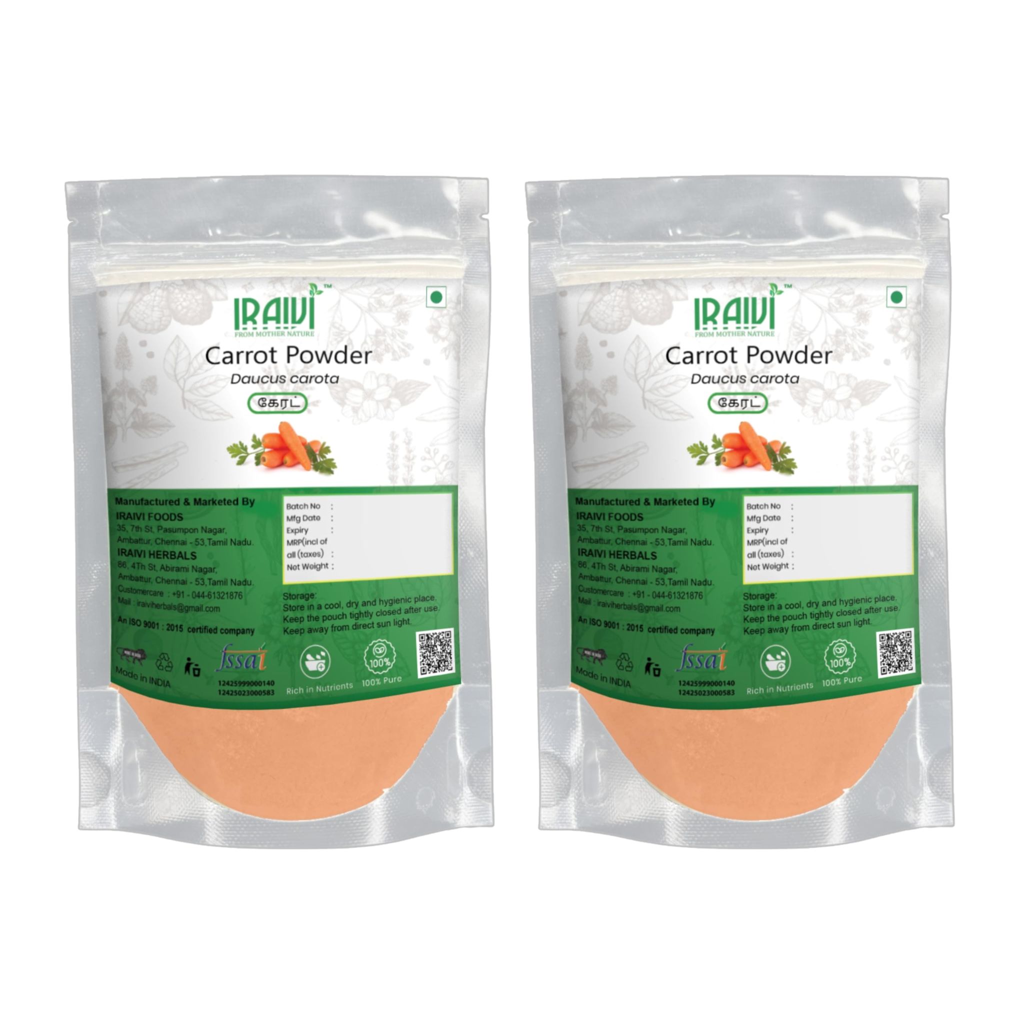 IRAIVI Premium Carrot Powder 200g | Gajar | 100% Pure Natural | Rich Vitamin A, Beta-Carotene & Fiber | Wholesome Vegetable Powder for Smoothies, Juices, Soups & Daily Nutrition| Eye & Skin Care