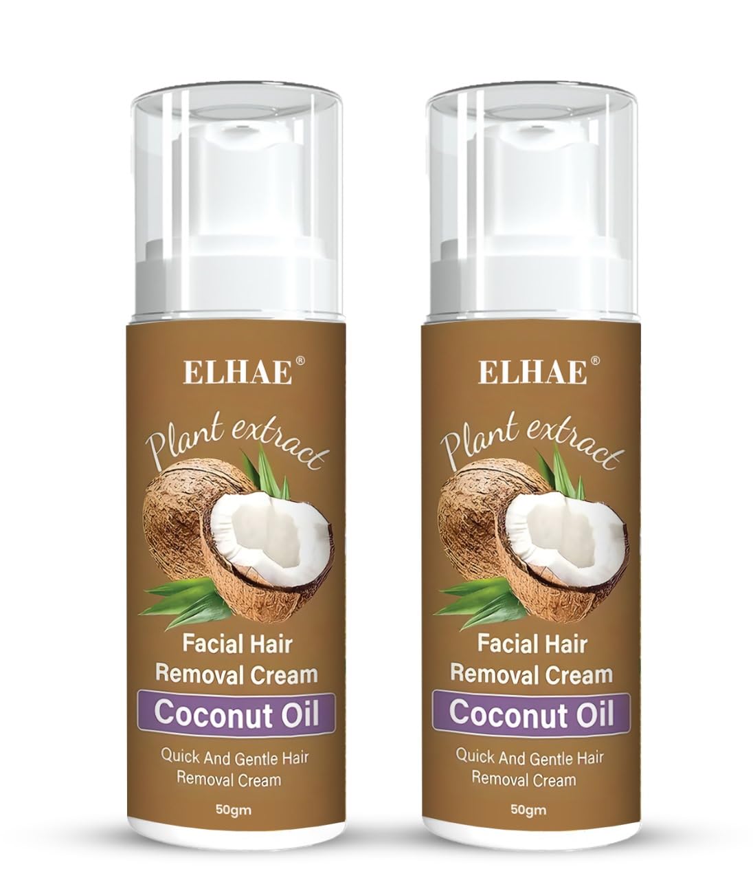 ELHAE Coconut Oil Hair Removal Cream Gentle & Alcohol-Free Hair Remover for Face & Lips, Smooth & Spotless Skin 50g Pack 2
