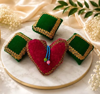 PATITAPABAN Cotton Cushion Pack of 4 Solid | Handmade Velvet Laddu Gopal Pillow Set with Golden Lace Cotton Filled (Green, Gold, Pink)